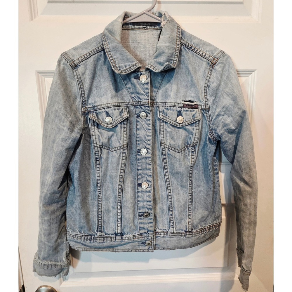 Liz Claiborne Denim Jacket Womens Blue Cotton Distressed Grunge Boho Classic